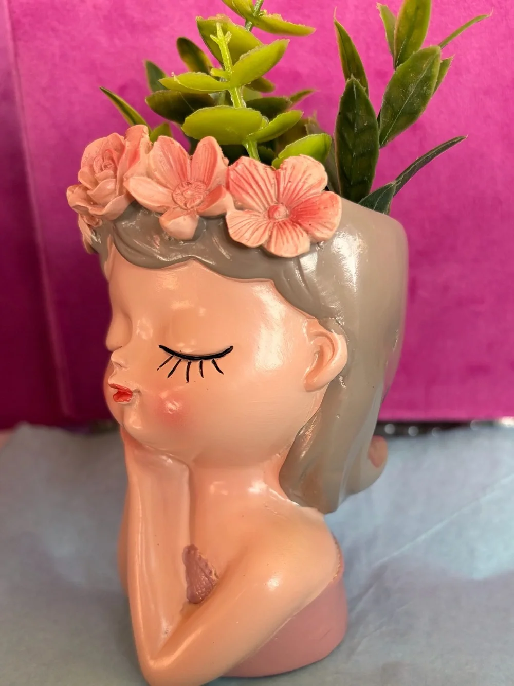 Pink Floral Crown Girl Planter - Decorative Home Accent